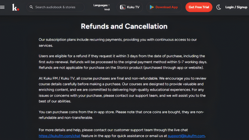 Kuku TV Refund Policy